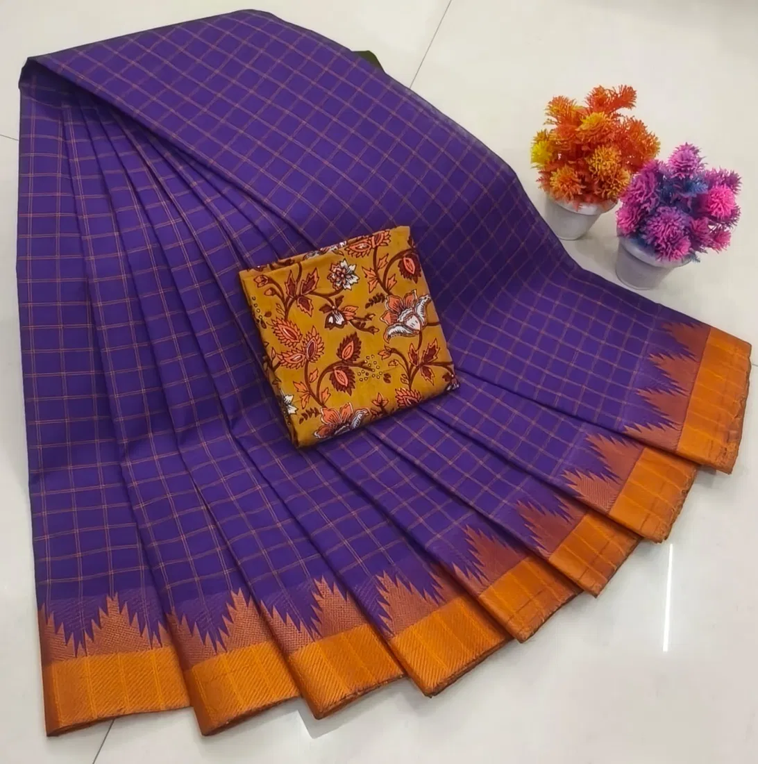 Indigo with Mustard Orange Checked Temple Border Chettinad Cotton Saree